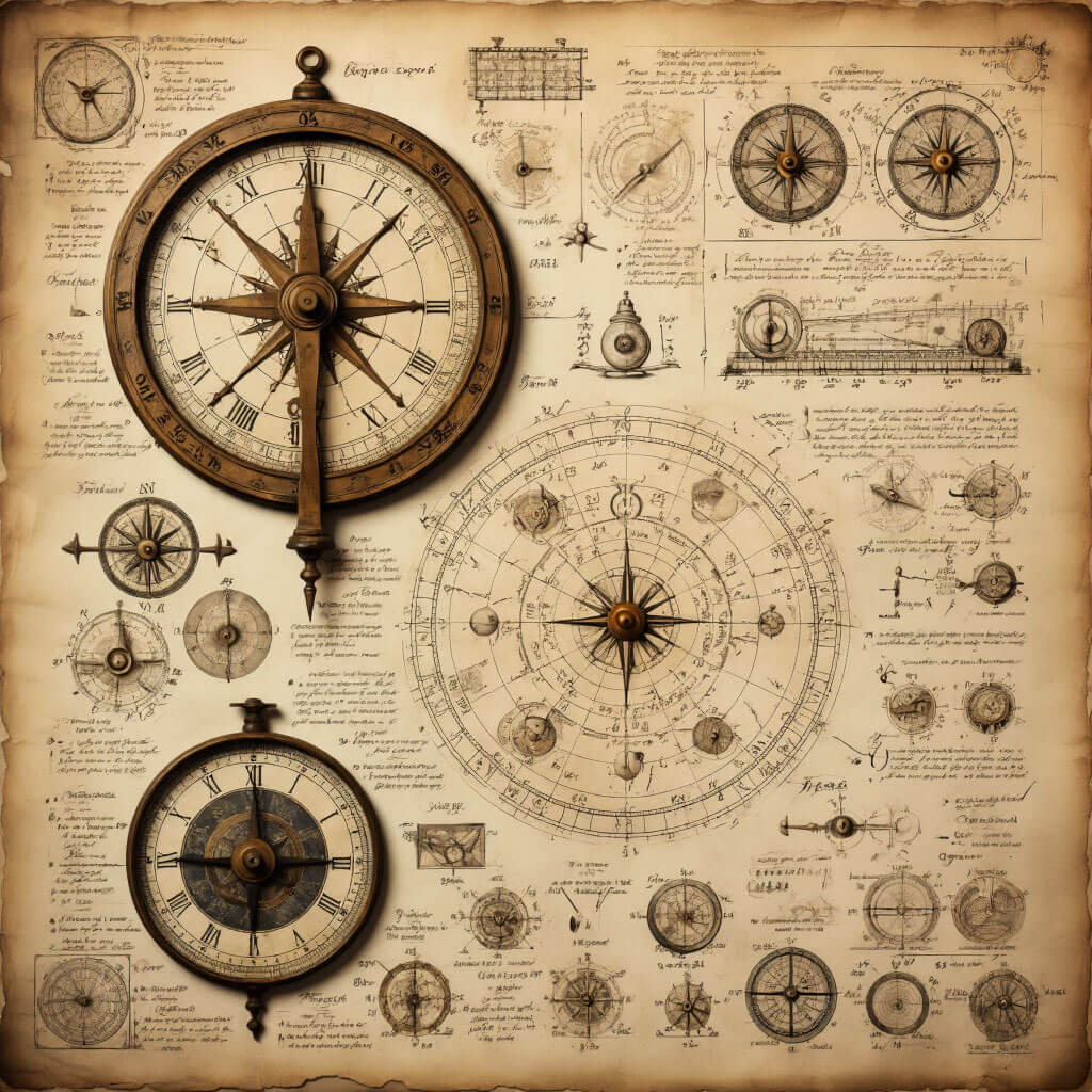 Vintage ilustrace astrologických nástrojů včetně astrolábu, zvěrokruhu a pergamenových výpočtů na textuře starého papíru s terakotovými detaily a ručně kreslenými symboly